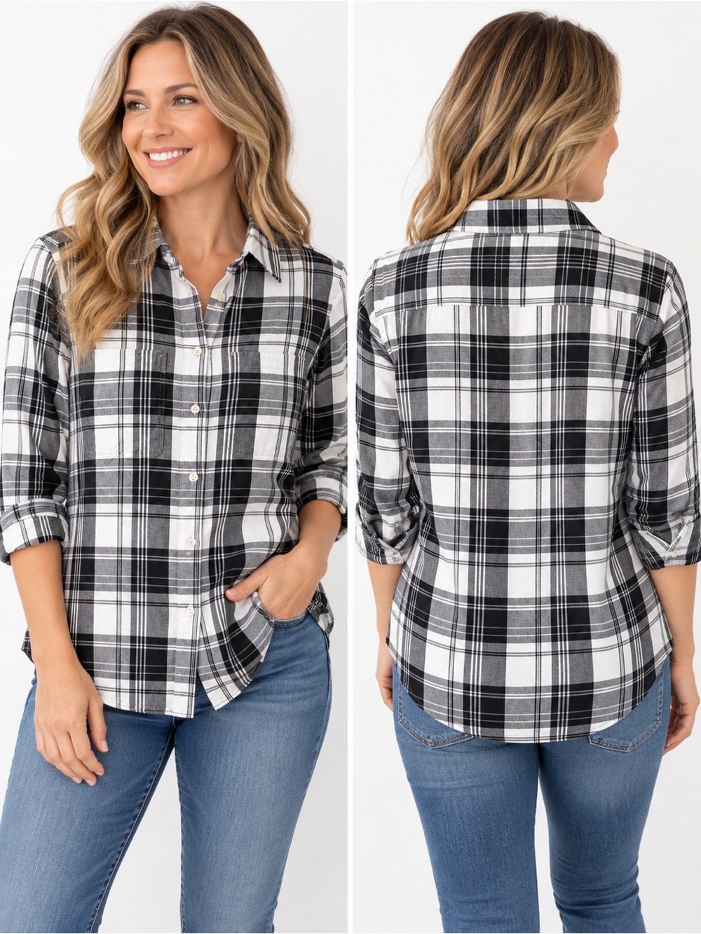 Lauren Ralph Lauren Plaid Button Down Shirt Black White XS